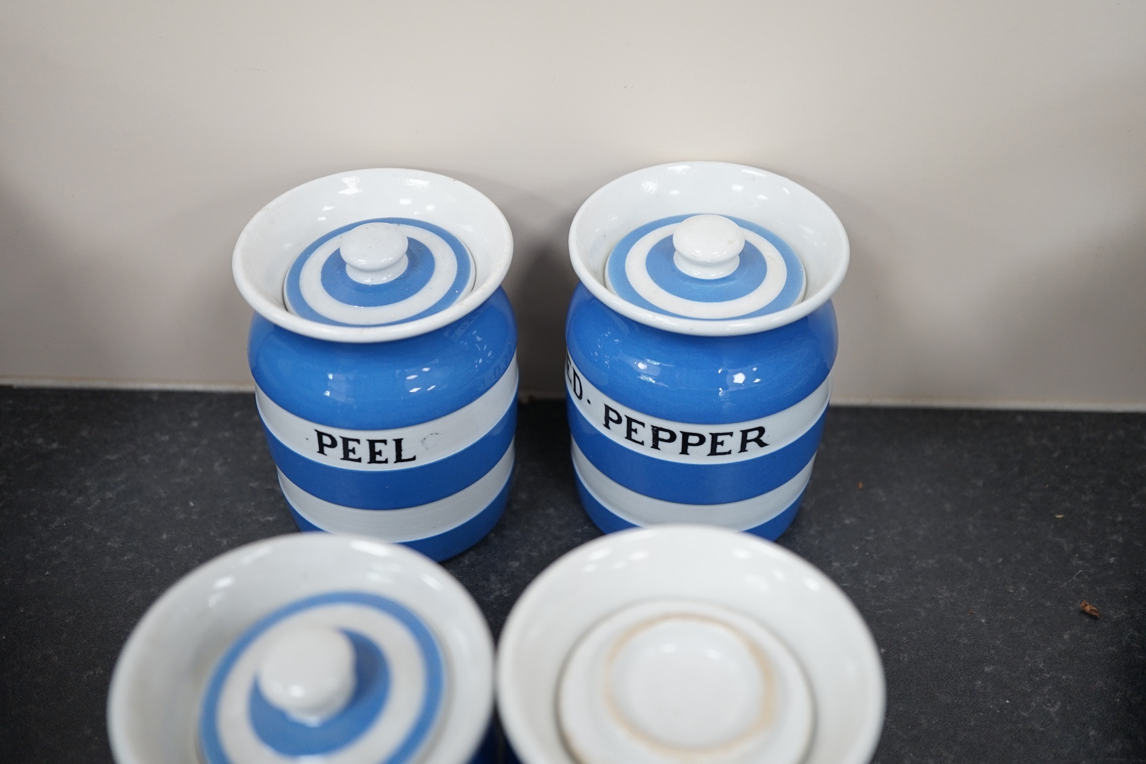 T.G.Green Cornish Kitchenware, fourteen 9cm lidded storage jars to include Mixed Spice, Ground Ginger, Gelatine, Carraway Seeds, Red Pepper, Curry and Allspice, mainly Black Shield marks. Condition - fair to good